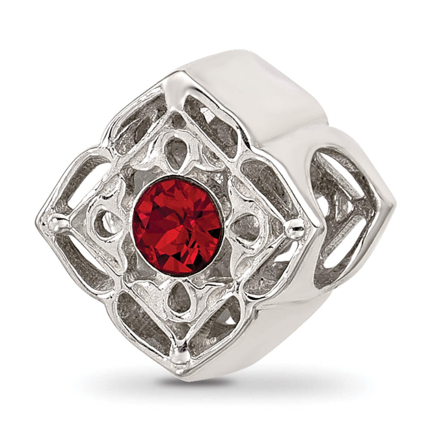 Sterling Silver Brushed And Polished Red Crystal Bead