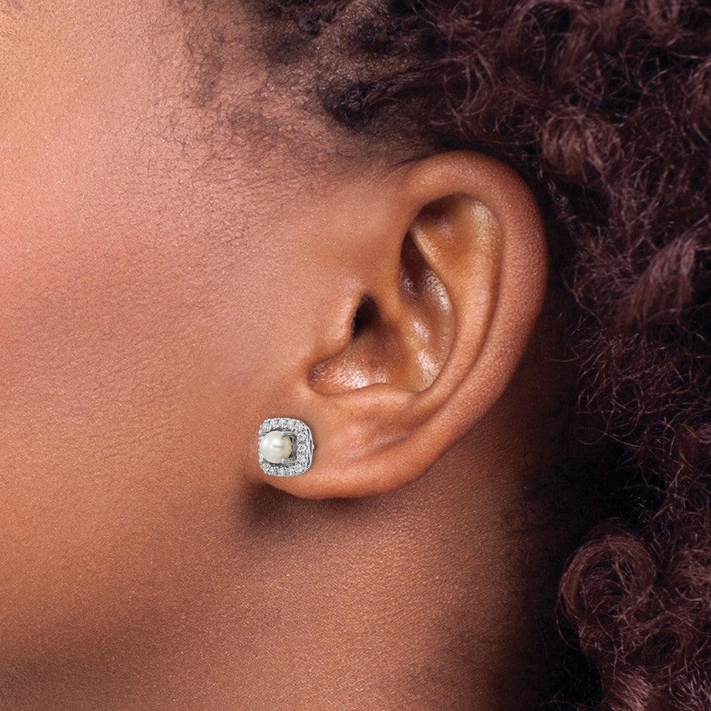 14k White Gold 3/8 carat Lab Grown Diamond VS/SI+ G+ June Birthstone Freshwater Cultered Pearl Halo Post Earrings