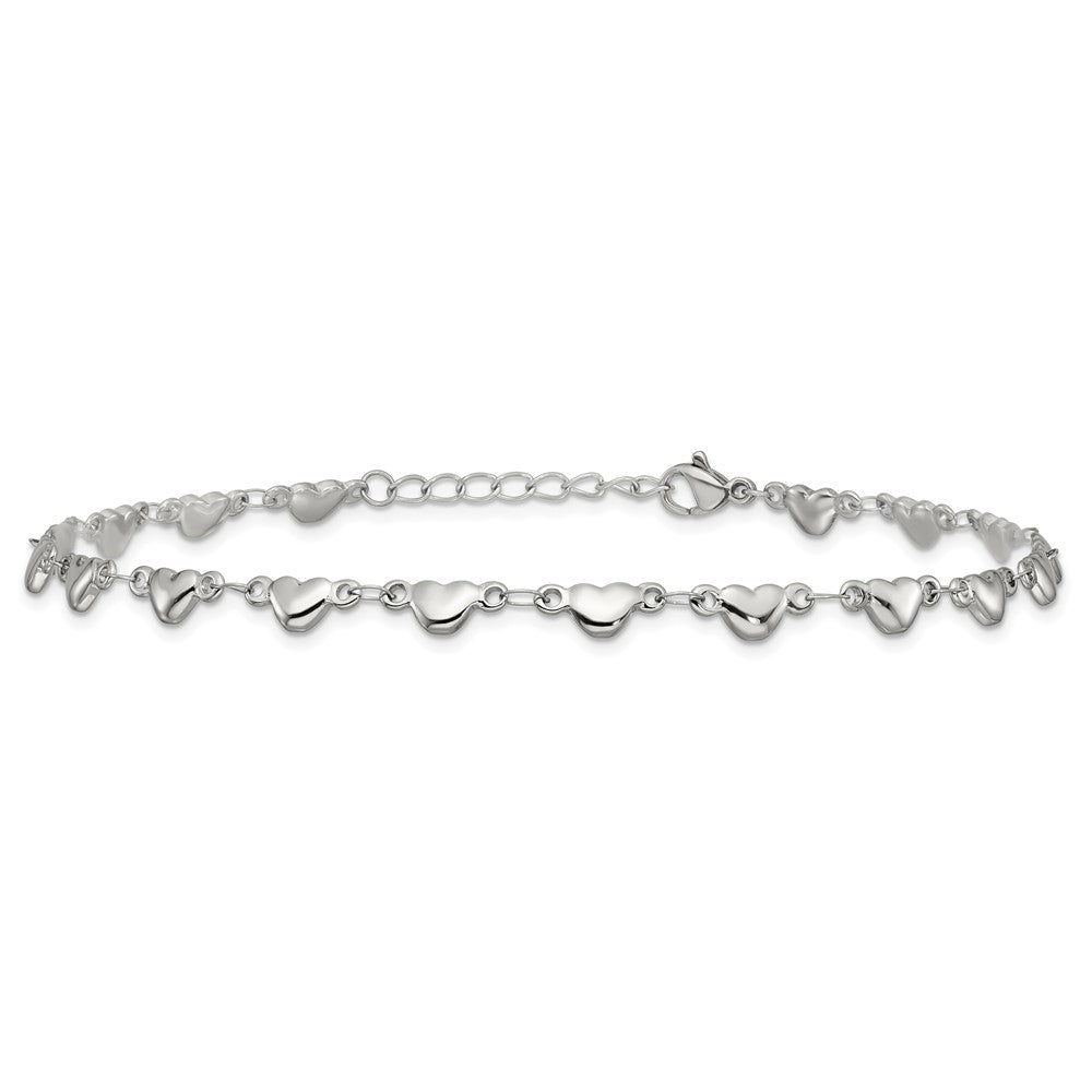 Stainless Steel Polished Hearts 9in Plus 1in ext. Anklet