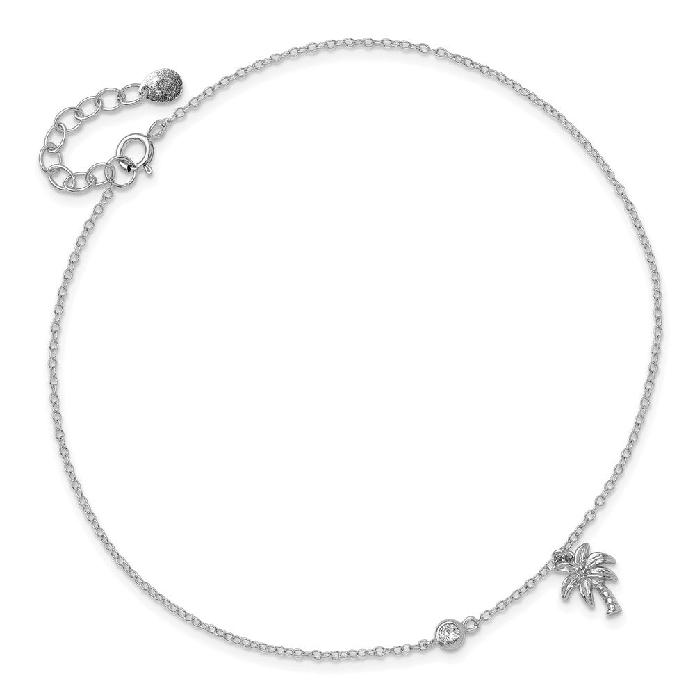 Sterling Silver Rhodium-plated CZ and Palm Tree 9in Plus 1in Ext. Anklet 9 inches