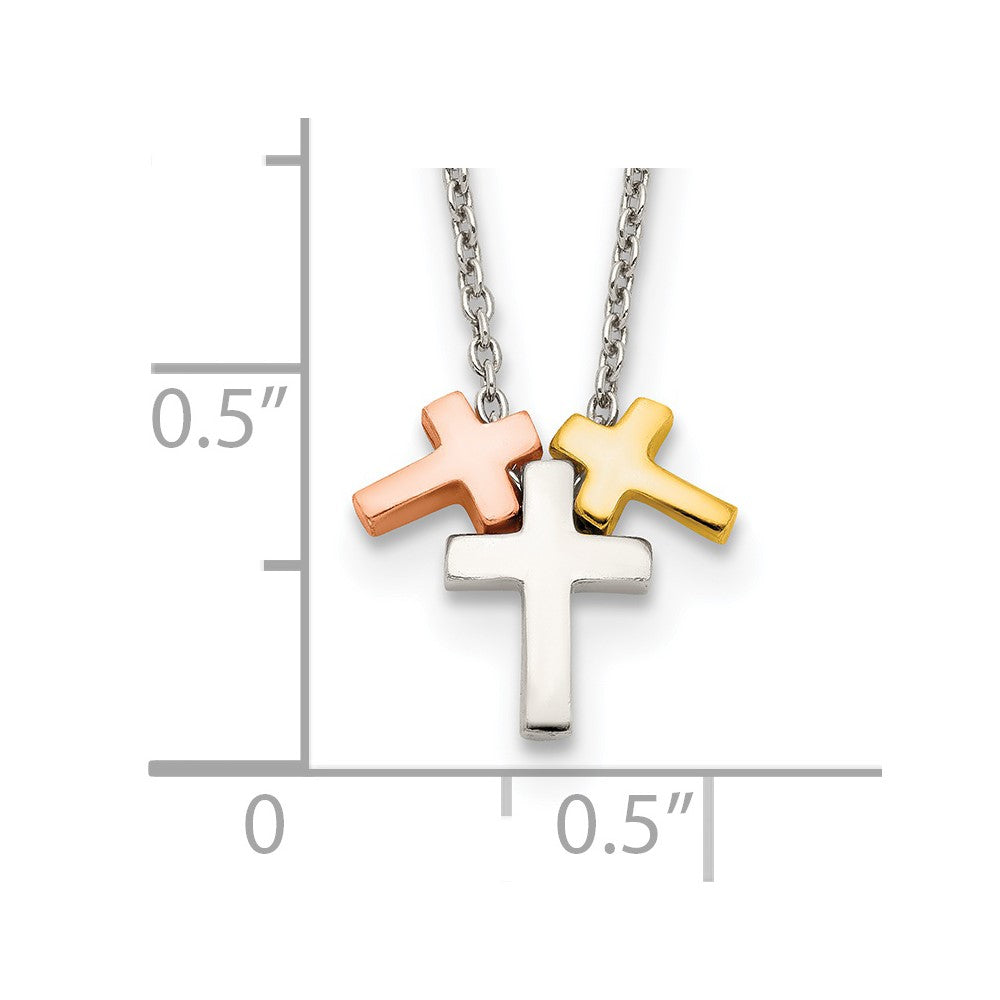 Sterling Silver Rose and Gold-tone 3-Cross w/ 2in ext. Necklace 16 Inches