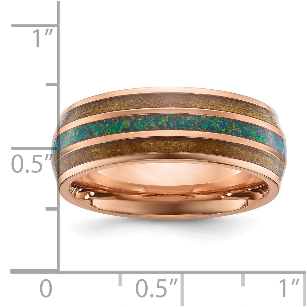 Chisel Stainless Steel Polished Rose IP-plated with Wood and Imitation Opal Inlay 8mm Band Size - 9