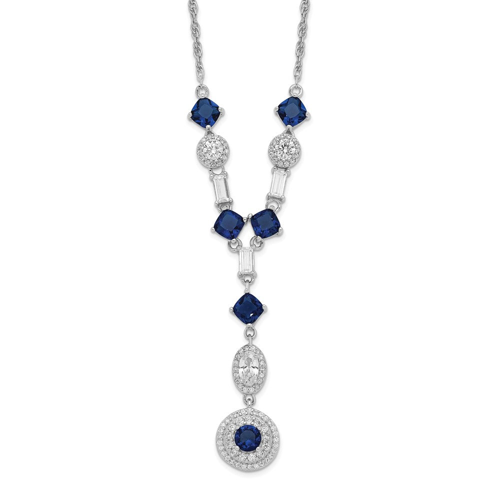 Cheryl M Sterling Silver Rhodium-plated Cushion-cut/Brilliant-cut Blue Glass and Brilliant-cut/Baguette-cut White CZ Fancy Dangle Y-Drop 18 Inch Necklace 18 Inches
