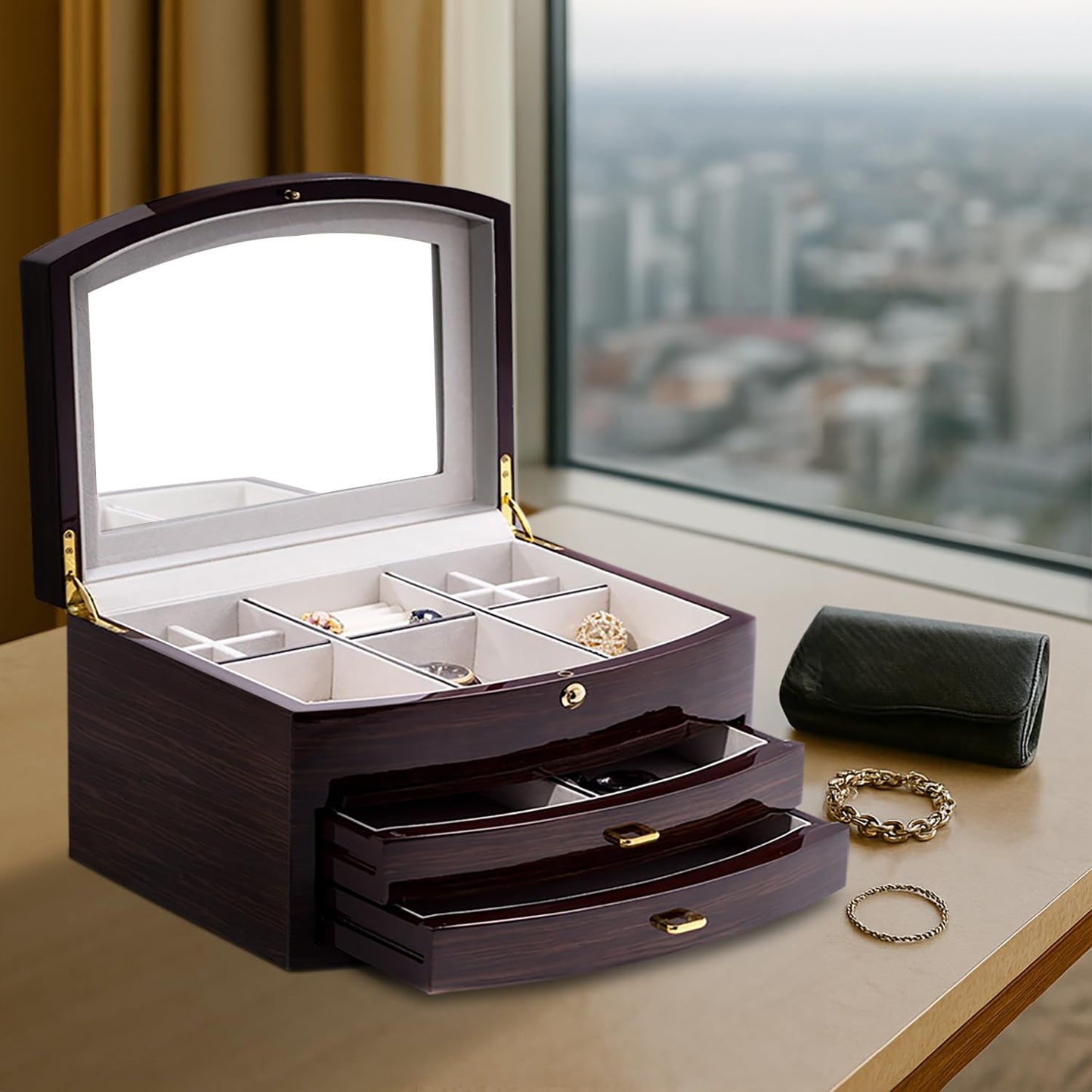 Bey-Berk International BB594EBN Lacquered Ebony Zebra Wood Jewelry Box