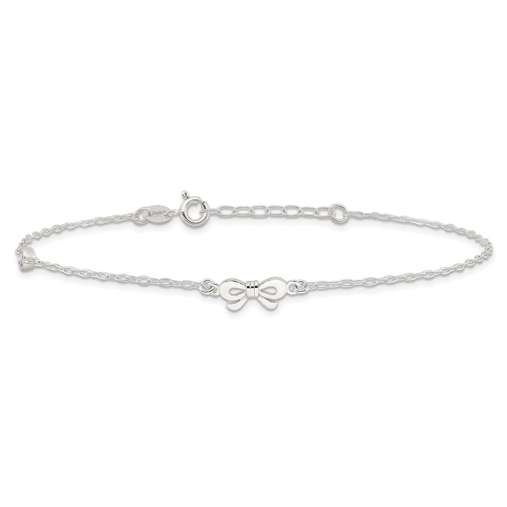 Sterling Silver Polished CZ Bow 9in Plus 1in Ext. Anklet 9 inches