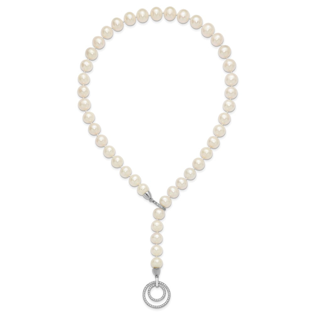 Sterling Silver Rhodium-plated 10-11mm White Near-Round Freshwater Cultured Pearl and CZ Clasp Adjustable 19.5 inch Necklace 19.5 Inches