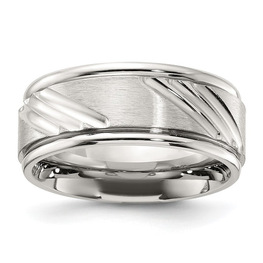 Stainless Steel Polished w/Brushed Center Grooved 9.00mm Band Size - 9