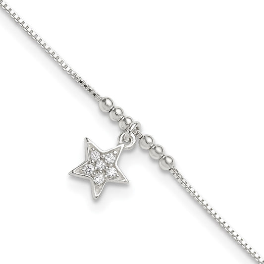 Sterling Silver CZ Star and Beads 9in Plus 1in Ext. Anklet 9 inches