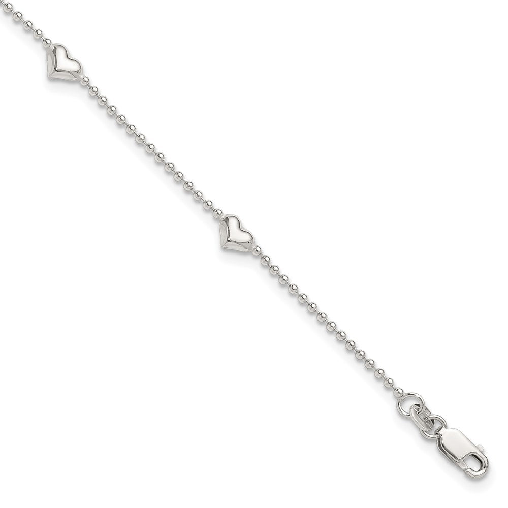 Sterling Silver Dangling Heart 9in Plus 1in ext Anklet 10 inches