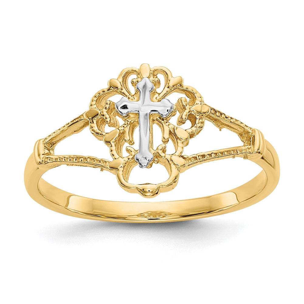 14K Two-tone Diamond Cut Cross Ring Size 7