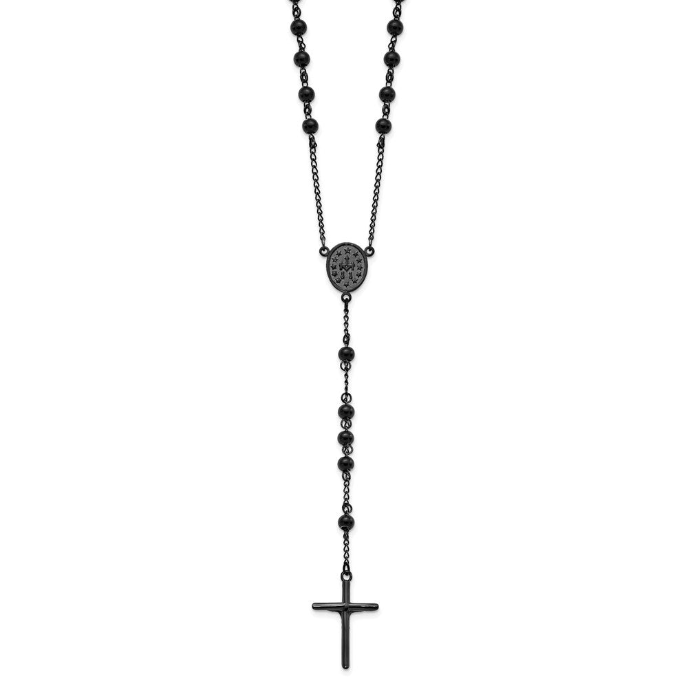 Stainless Steel Polished Beaded Black IP-plated Rosary 30 inch Necklace
