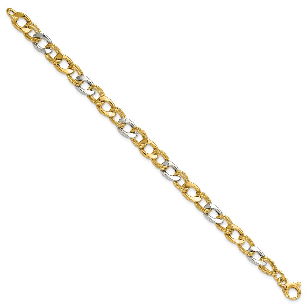 14K Two-tone Polished and Textured Fancy Link Bracelet 7.5  inches