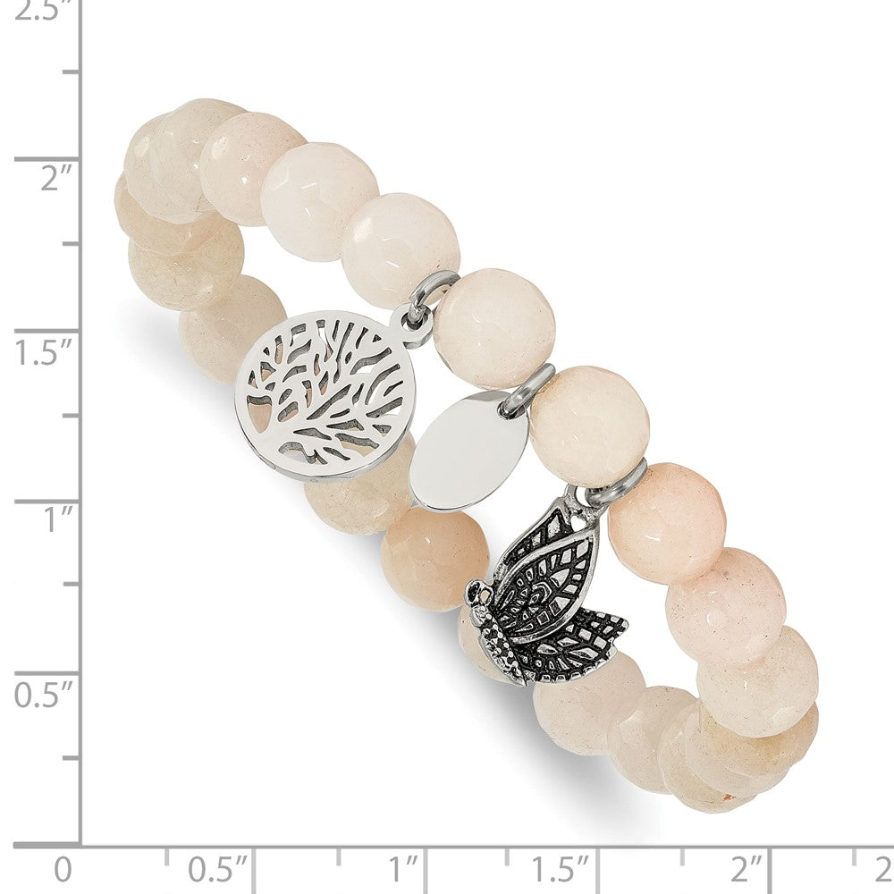 Stainless Steel Antiqued & Polished Butterfly White Jade Stretch Bracelet 6.25 inches