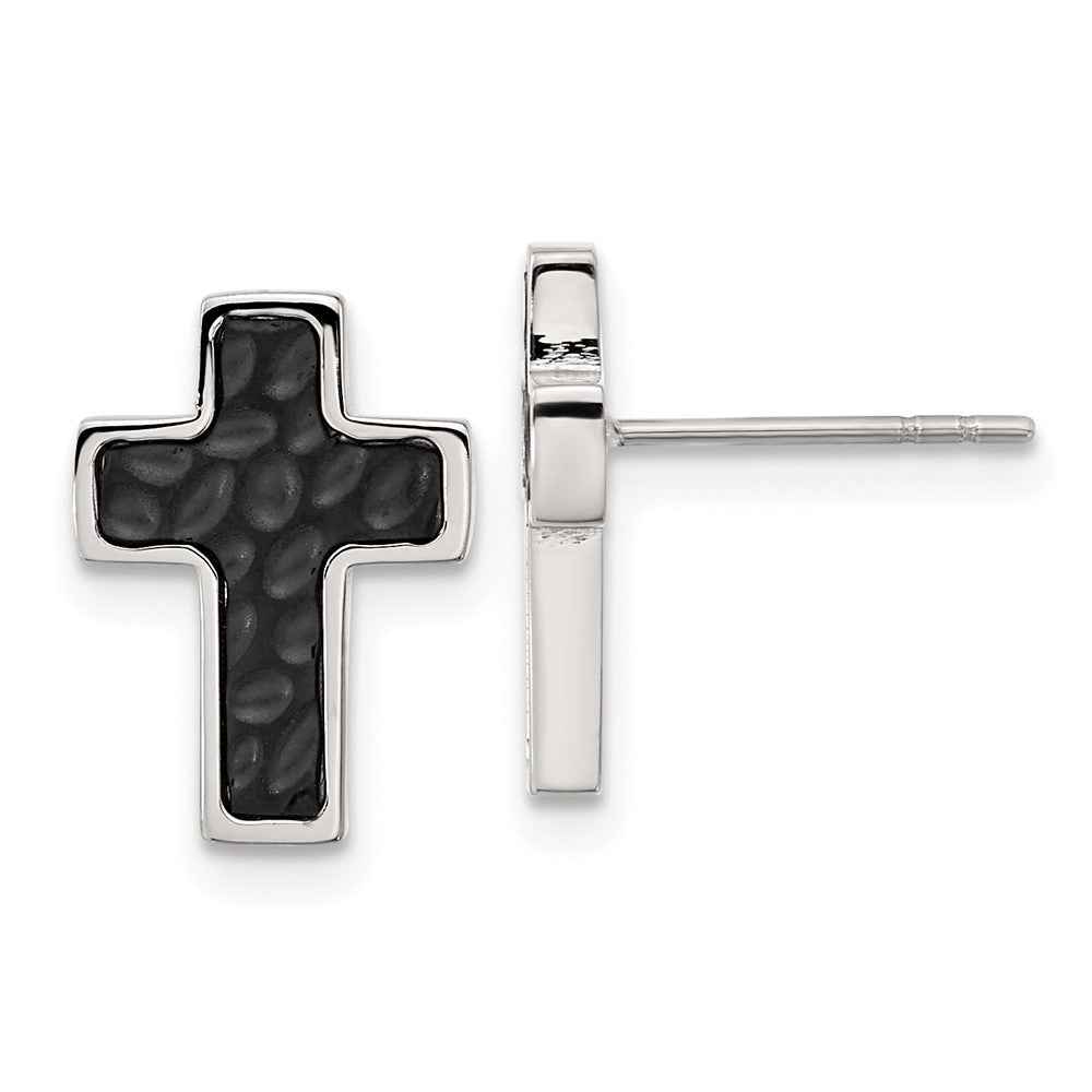 Stainless Steel Brushed and Polished Black IP Textured Cross Earrings