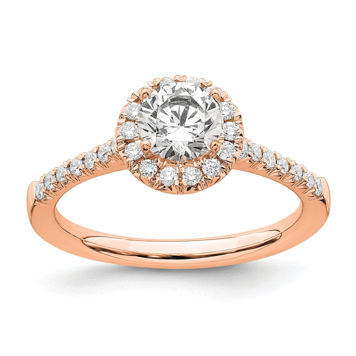 14k Rose Gold 3/4 carat Lab Grown Diamond VS/SI+ G+ Round Complete Size 5 Halo Engagement Ring