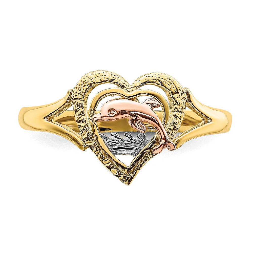 14K Yellow and Rose Gold W/Rhodium Dolphin In Heart Ring Size 7