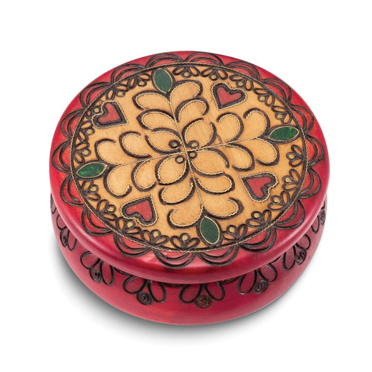 Handcrafted Solid Wood Round Heart with Brass Inlay Carved and Painted Keepsake Box