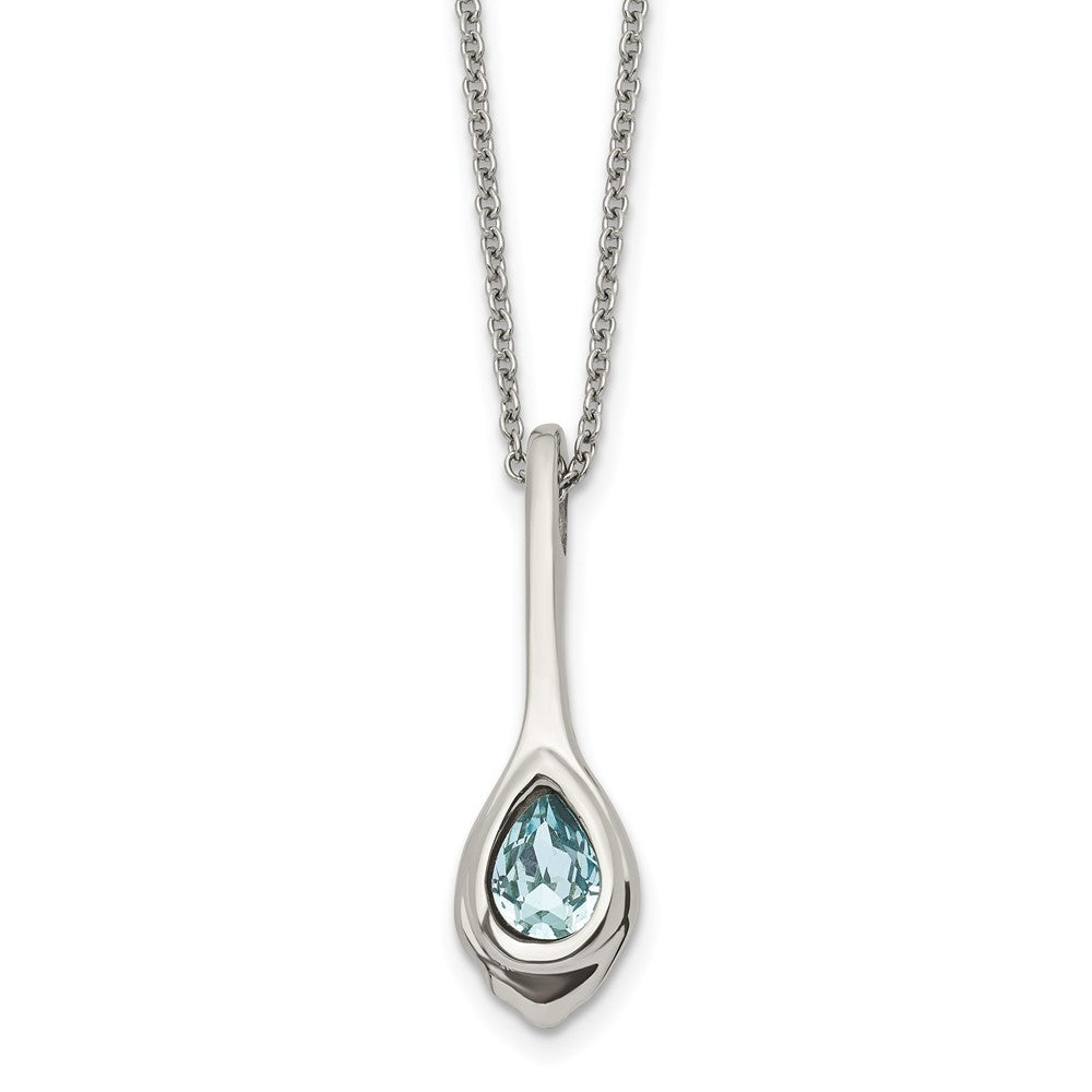 Stainless Steel Polished w/Blue Glass Teardrop 17.75 in w/2in ext Necklace