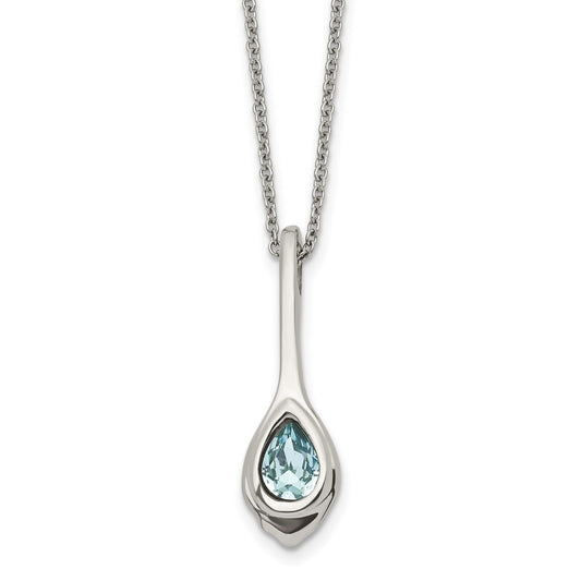 Stainless Steel Polished w/Blue Glass Teardrop 17.75 in w/2in ext Necklace