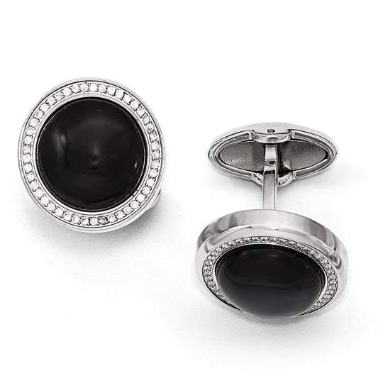 Stainless Steel Polished with CZ and Onyx Circle Cuff Links