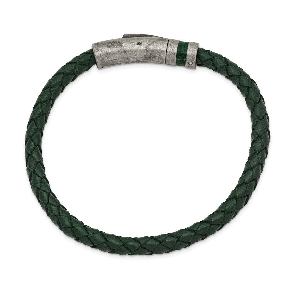 Stainless Steel Antiqued Green Leather 8.25in Bracelet 8.25 inches