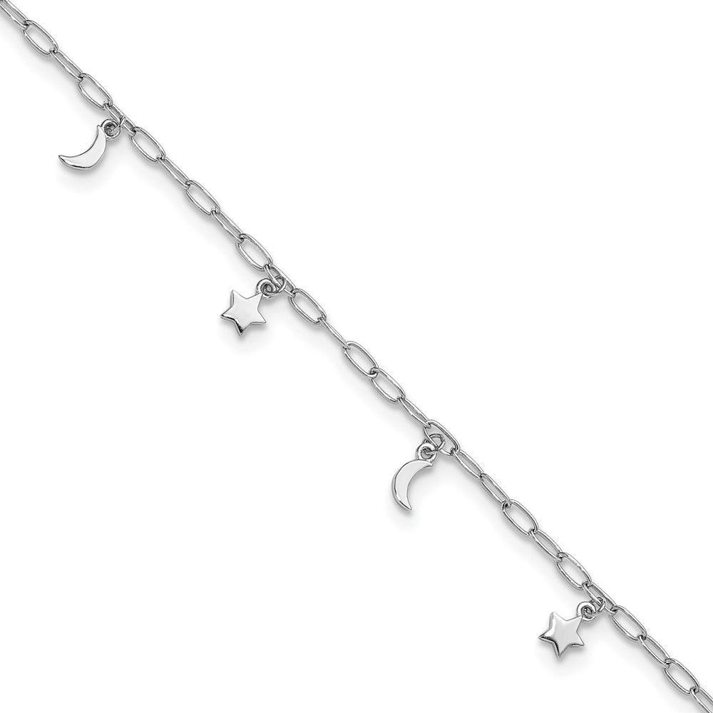 Sterling Silver Rhodium-plated Polished Moon and Star Dangles 9 Inch with 1 Inch Extension Anklet