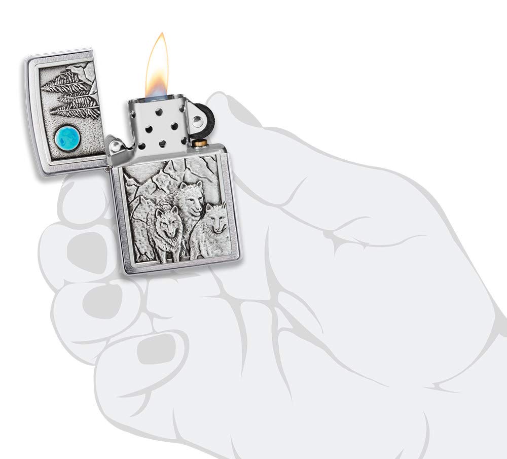 Zippo Wolf Pack and Moon Emblem Brushed Chrome Pocket Lighter