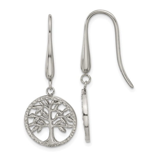 Chisel Stainless Steel Polished and Textured Tree Dangle Shepherd Hook Earrings
