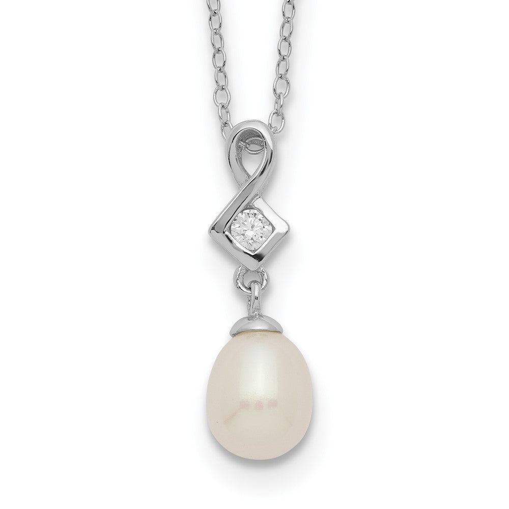 Sterling Silver Rhodium-plated 6-7mm White Teardrop Freshwater Cultured Pearl and CZ 17 inch Necklace 17 Inches