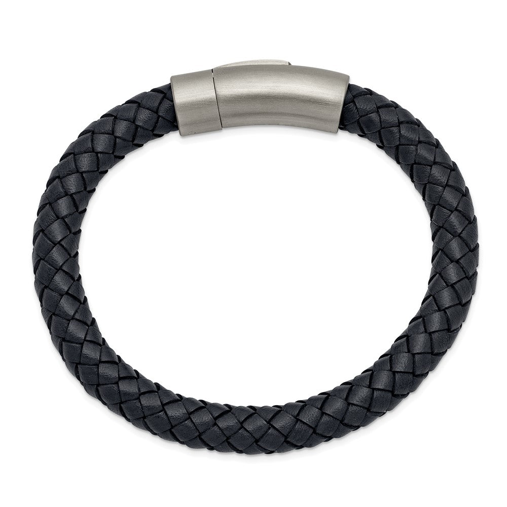 Stainless Steel Brushed Grey Leather 8.25in Bracelet 8.25 inches