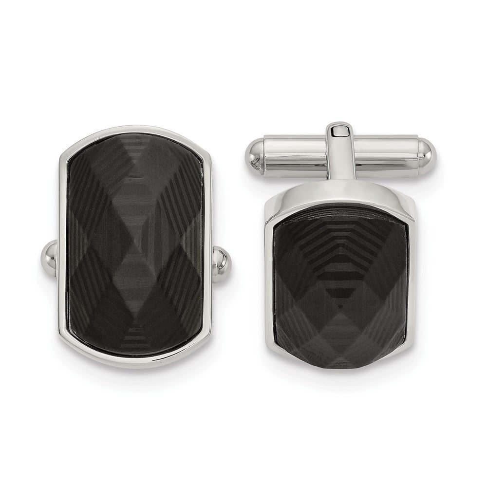 Stainless Steel Polished Solid Black Carbon Fiber Inlay Cuff Links