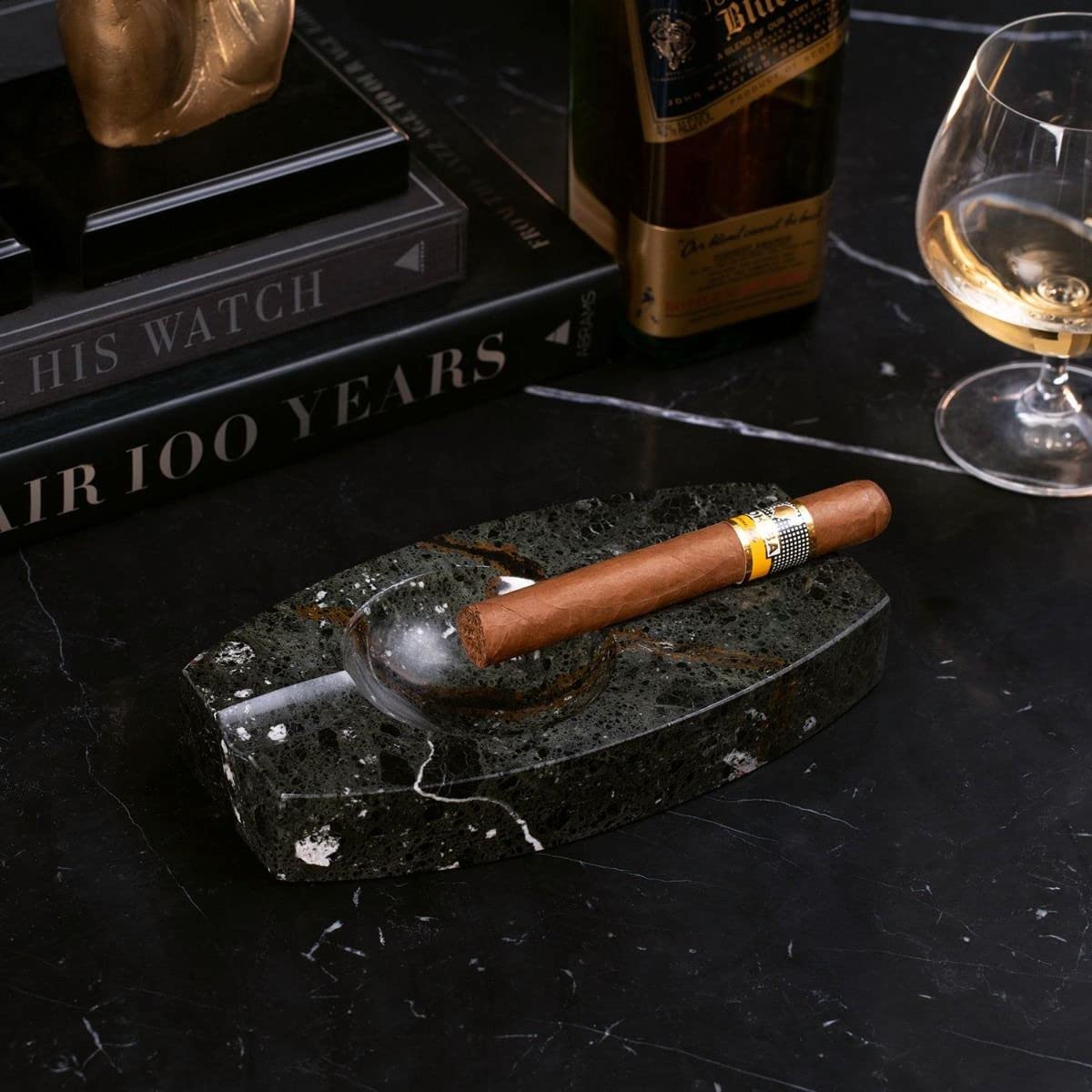 Bey-Berk International C305 Oval Two Cigar Marble Ashtray, Black Zebra
