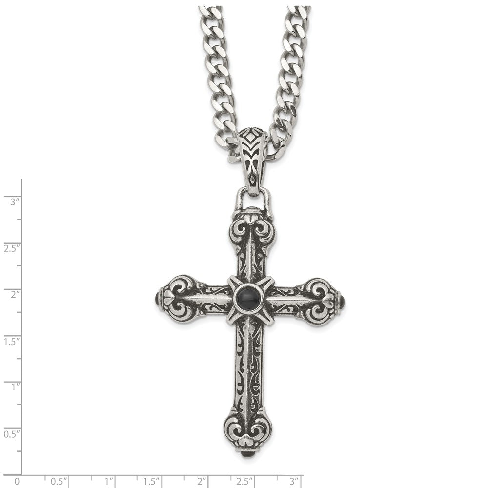 Stainless Steel Antiqued Cross w/Synthetic Black Agate 24in Necklace