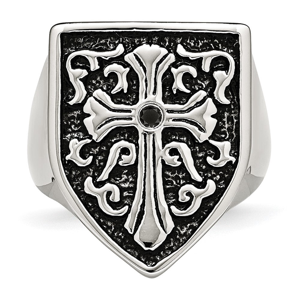 Stainless Steel Antiqued & Polished 1/20ct Black Diamond Shield Ring Size - 10