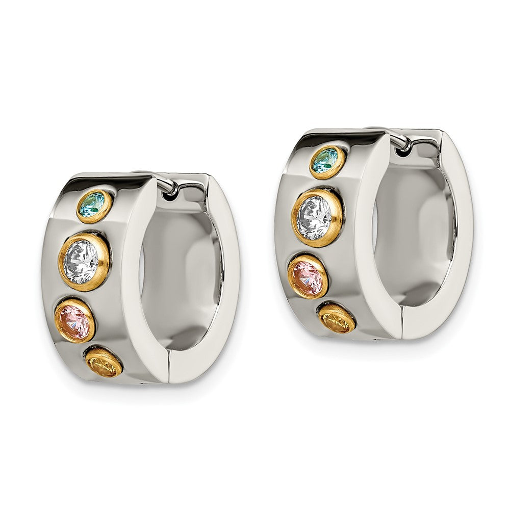 Stainless Steel Polished Yellow IP Multicolor CZ 7mm Hinged Hoop Earrings