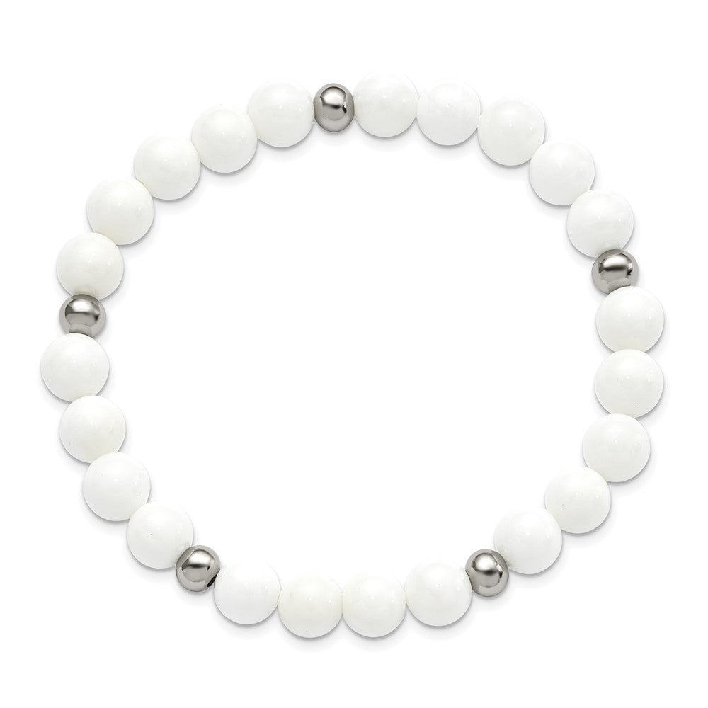 Stainless Steel Polished White Ceramic Beaded Stretch Bracelet