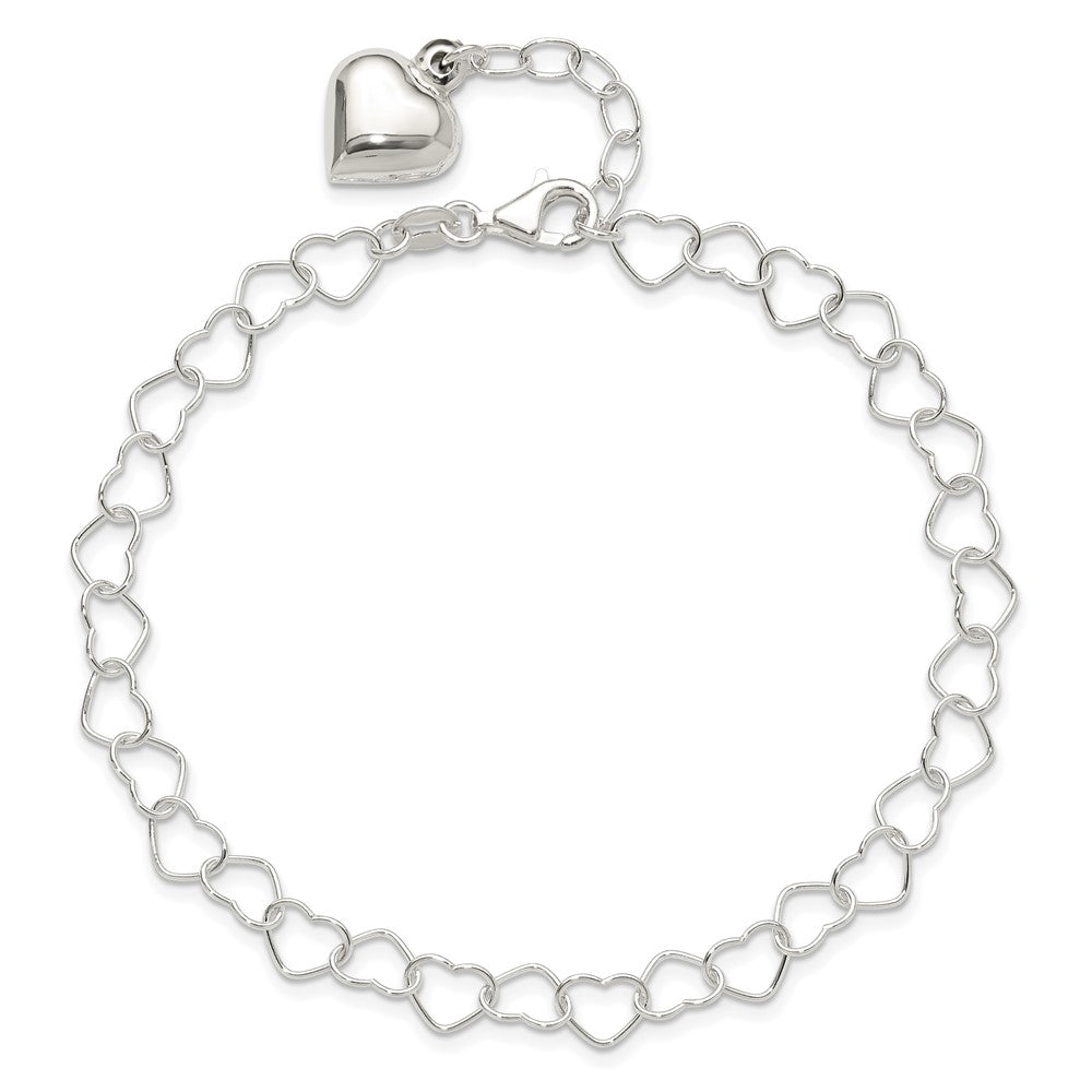 Sterling Silver Polished Puffed Heart 9 in Plus 1in ext. Anklet 9 inches