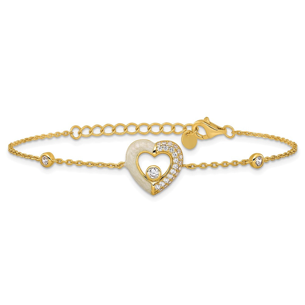 Sterling Silver Gold-tone Polished CZ and Champagne Enamel Open Heart 7 inch with 1 inch Extension Bracelet 7.25 inches