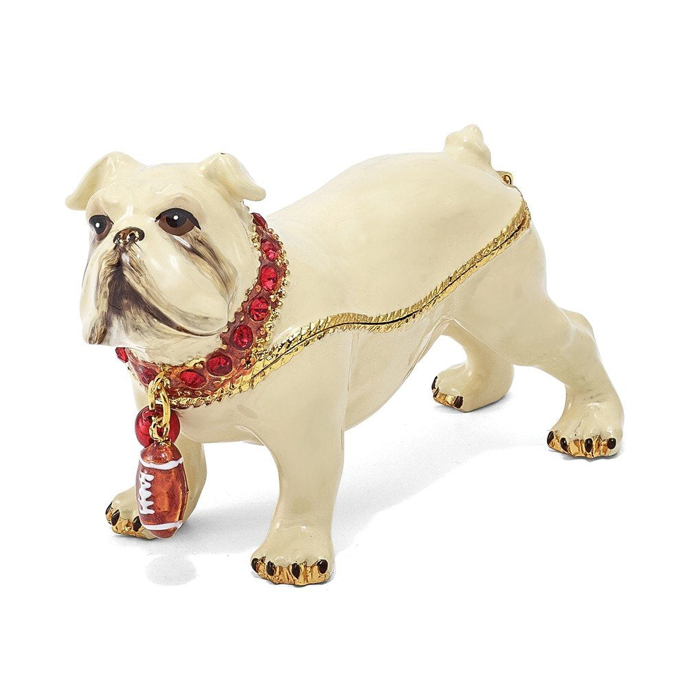 Luxury Giftware by Jere Pewter Bejeweled Crystals Gold-tone Enameled BUTCH Bulldog w/Football Trinket Box with Matching 18 Inch Necklace QBJ2035