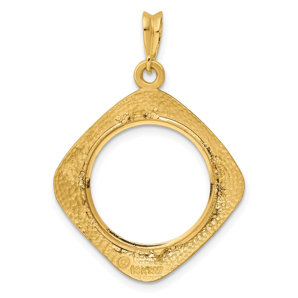 Wideband Distinguished Coin Jewelry 14k Polished Textured and Beaded Diamond Shaped 17.8mm Prong Coin Bezel Pendant