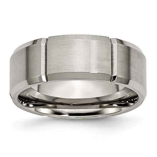Titanium Brushed and Polished 8mm Grooved Beveled Edge Band Size - 12.5
