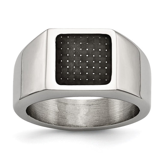 Stainless Steel Polished Carbon Fiber Inlay Signet Ring Size - 11