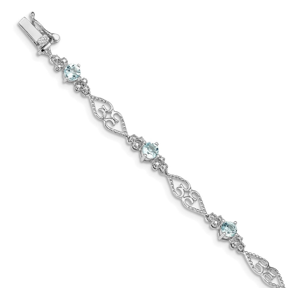 Sterling Silver Rhodium-plated Diamond Aquamarine Bracelet 7 inches