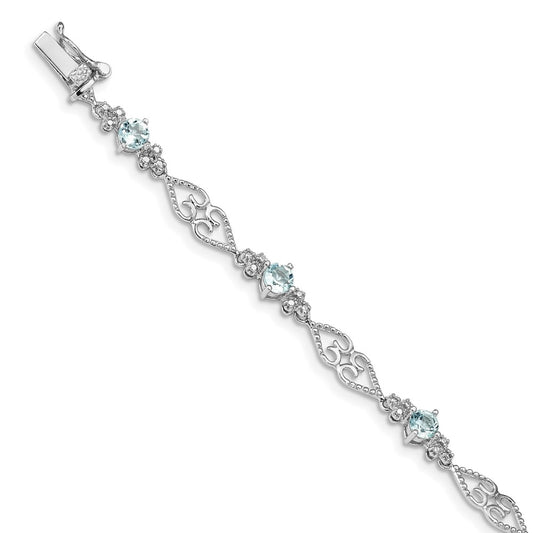 Sterling Silver Rhodium-plated Diamond Aquamarine Bracelet 7 inches