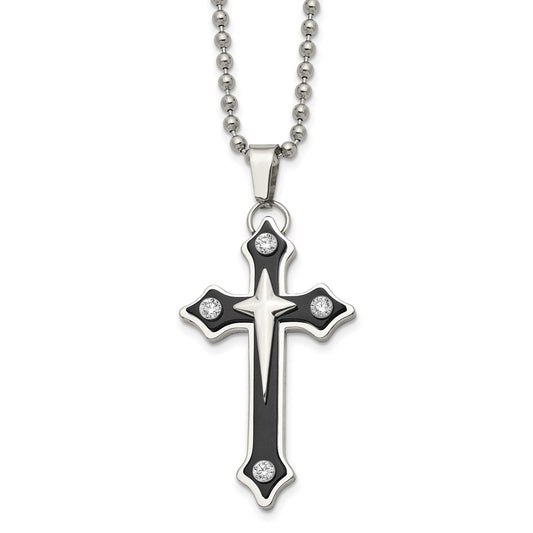 Stainless Steel Polished Black IP-plated w/CZ Cross 20in Necklace