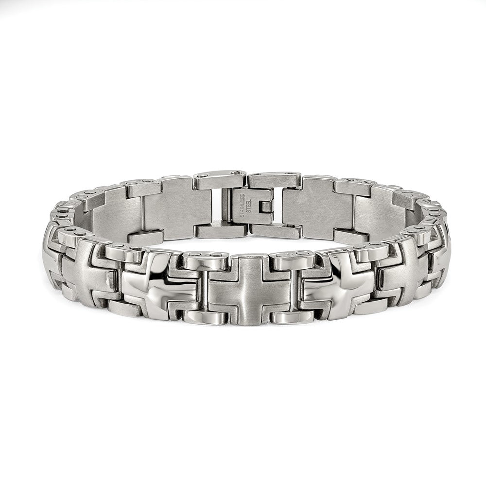 Stainless Steel Brushed and Polished Cross 8.25in Heavy Link Bracelet 8.25 inches