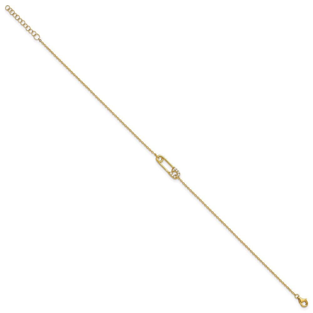 Sterling Silver Gold-tone Polished CZ Safety Pin 9 Inch Plus 1 Inch Extension Anklet