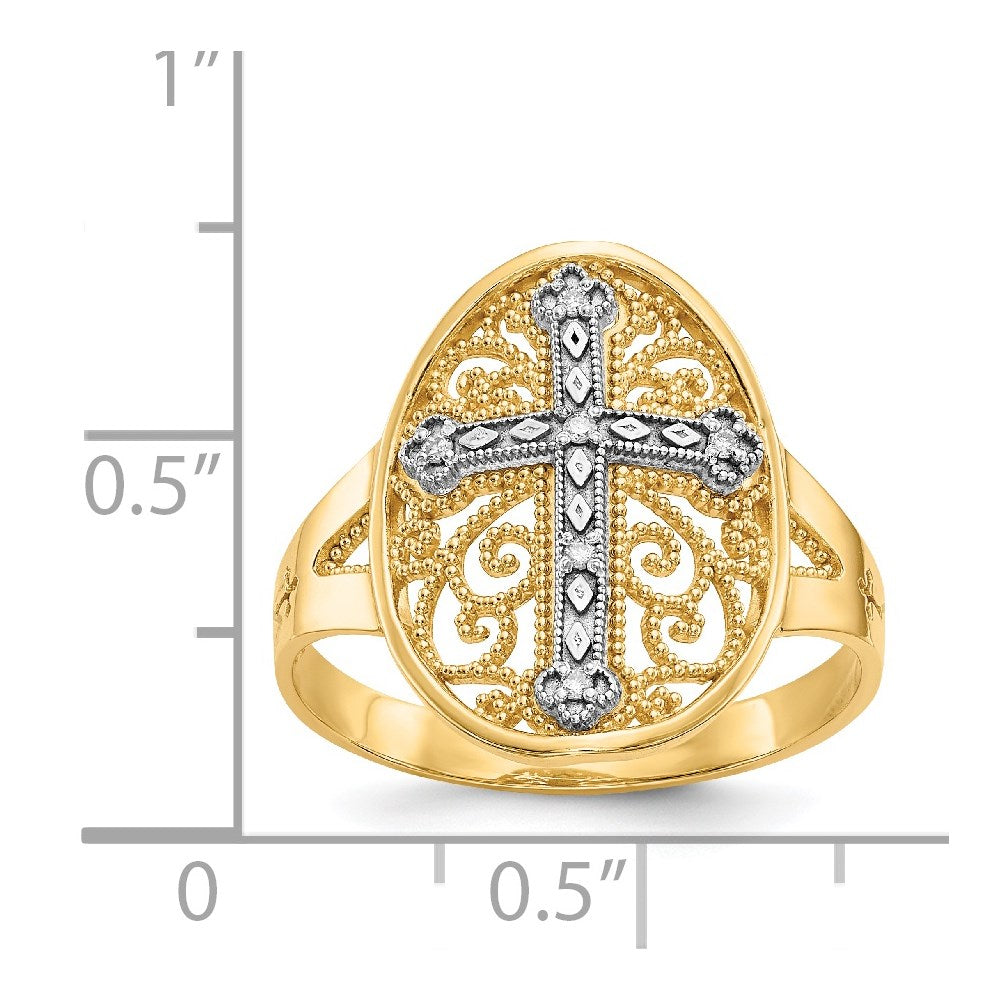 14k Yellow & White Gold Diamond Filigree Cross Ring Size 7.5