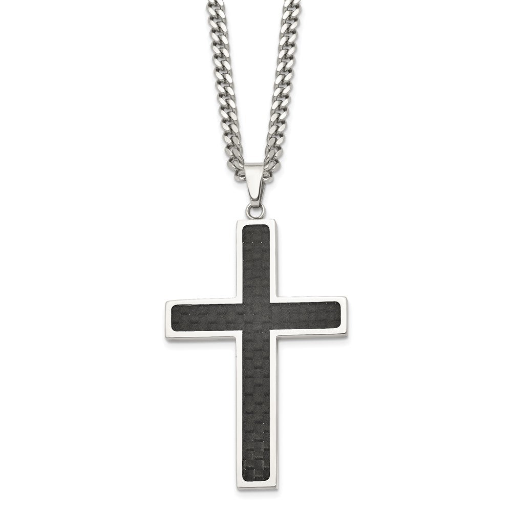 Stainless Steel Polished w/Black Carbon Fiber Inlay Cross 24in Necklace