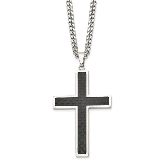 Stainless Steel Polished w/Black Carbon Fiber Inlay Cross 24in Necklace